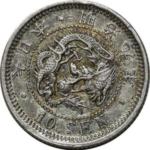 1873 i - 1906 japanese meiji era silver 10 sen dragon coin, minted at the end of samurai era. circulated condition. japan collectable circulated graded by seller some wear