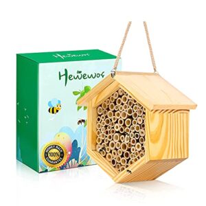 Mason Bee House Native Bee Hive Hexagon Bee House Natural Handmade Wooden Mason Bee Box Habitat Home Hotel with Bamboo Tubes -Attracts Peaceful Bee Pollinators to Enhance Your Garden's Productivity