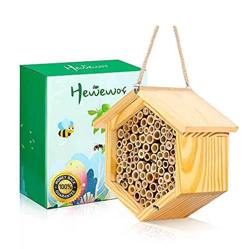 Mason Bee House Native Bee Hive Hexagon Bee House Natural Handmade Wooden Mason Bee Box Habitat Home Hotel with Bamboo Tubes -Attracts Peaceful Bee Pollinators to Enhance Your Garden's Productivity