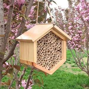 Mason Bee House Native Bee Hive Hexagon Bee House Natural Handmade Wooden Mason Bee Box Habitat Home Hotel with Bamboo Tubes -Attracts Peaceful Bee Pollinators to Enhance Your Garden's Productivity