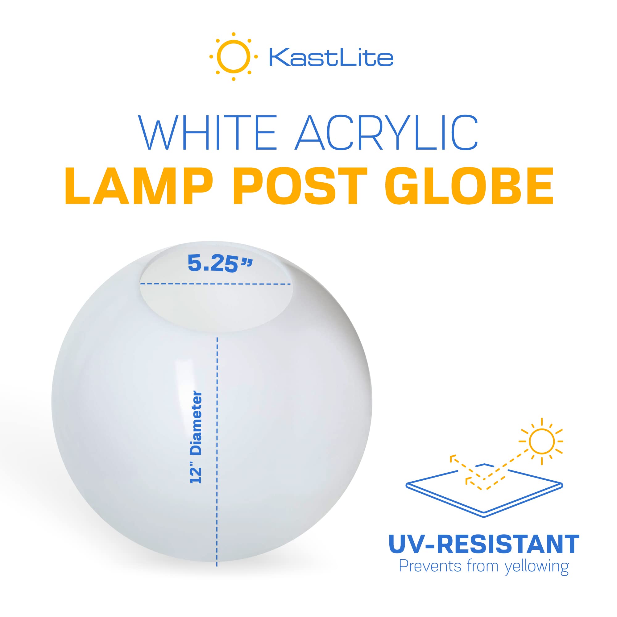 KastLite 12" White Acrylic Lamp Post Globe | Smooth Textured with 5.25" Neckless Opening | Manufactured in the USA