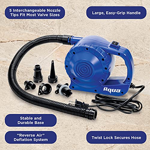 Aqua AC Electric Air Pump – 110v – Heavy Duty Air Pump for Inflatables with 5 Nozzle Attachments – Blue