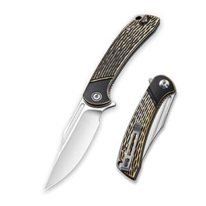 civivi dogma flipper pocket knife, satin finish d2 blade,brass handle, liner lock, ball bearings pivot,utility knife with reversible clip for edc outdoor carry c2014a