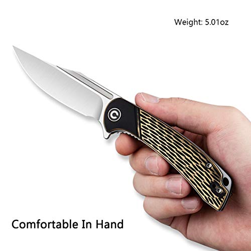 CIVIVI Dogma Flipper Pocket Knife, Satin Finish D2 Blade,Brass Handle, Liner Lock, Ball Bearings Pivot,Utility Knife With Reversible Clip For Edc Outdoor Carry C2014A