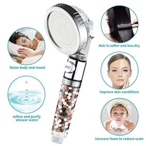 MIAOHUI Zenbody Shower Head with Filter Beads, 3 Modes Shower Envy Showerhead with On Off Switch, Handheld Eco Water Spa Shower Head with Hose, Adjustable Bracket, Self-adhesive Holder