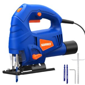 sorako jigsaw, 5.0amp jig saw tool corded electric power cutter,800-3000 spm jig saw, 6 variable speed, 0°-45° bevel cutting, 4 orbital sets, for woodworking with 2pcs blades & scale ruler