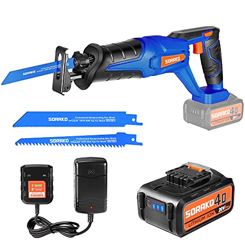 SORAKO Cordless Reciprocating Saw, 20V MAX Battery Power Saw,4.0Ah Battery and Charger, 0-3000 SPM Variable Speed, Battery Powered Saw, 2 Saw Blades for Wood/Metal/PVC