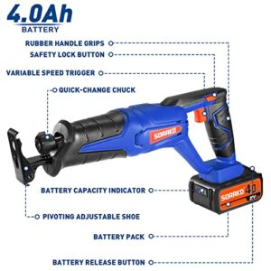 SORAKO Cordless Reciprocating Saw, 20V MAX Battery Power Saw,4.0Ah Battery and Charger, 0-3000 SPM Variable Speed, Battery Powered Saw, 2 Saw Blades for Wood/Metal/PVC