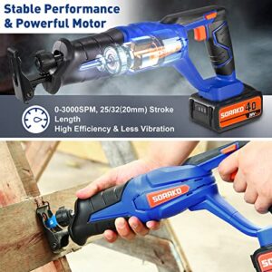 SORAKO Cordless Reciprocating Saw, 20V MAX Battery Power Saw,4.0Ah Battery and Charger, 0-3000 SPM Variable Speed, Battery Powered Saw, 2 Saw Blades for Wood/Metal/PVC