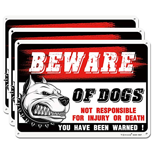 TOHAO Beware of Dog Sign, 3 Pack 10"x 7" Rust Free .04" Aluminum Warning Signs, UV Protected, Reflective & Waterproof, Easy to Mount- Indoor Or Outdoor Use