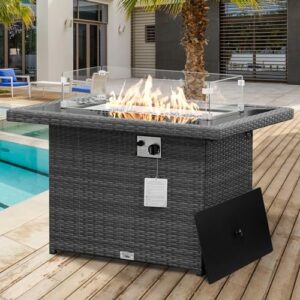 high-craft 43'' rectangular patio propane fire pit table gray pe wicker 55,000 btu h-burner dural heating outdoor firepits 8mm glass top & aluminum frame anti-rust with cover & windguard