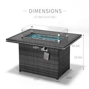 High-Craft 43'' Rectangular Patio Propane Fire Pit Table Gray PE Wicker 55,000 BTU H-Burner Dural Heating Outdoor Firepits 8mm Glass Top & Aluminum Frame Anti-Rust with Cover & Windguard