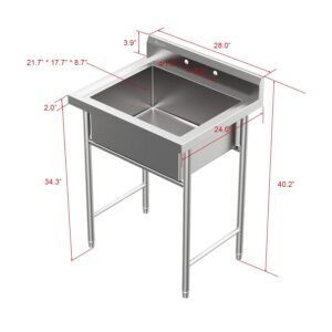 VINGLI Upgraded Free Standing 304 Stainless Steel Utility Sinks for Laundry Room with Backsplash, Industrial Garage Sink Commercial Sink for Restaurant, Workshop – 28" W x 24" D x 40.2" H