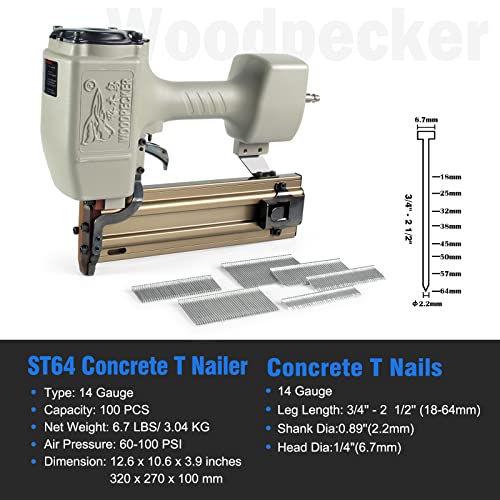 WOODPECKER ST64 Pneumatic Concrete T Nailer, 14 Gauge 3/4" to 2-1/2" Heavy Duty Air Concrete Nail Gun for Furring Strips, Masonry, Cement, Concrete Brick Nailing