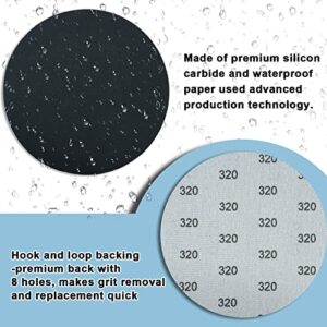 60pcs 5 Inch Sanding Discs Hook & Loop 320 600 800 1200 1500 2000 Grit Orbital Sandpaper with Tack Cloth, Silicon Carbide Round Flocking Sandpaper (NO Holes -60PCS)