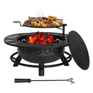 hykolity 35 inch fire pit with cooking grate & charcoal pan, outdoor wood burning bbq grill firepit bowl with cover lid, steel round table for backyard bonfire patio picnic