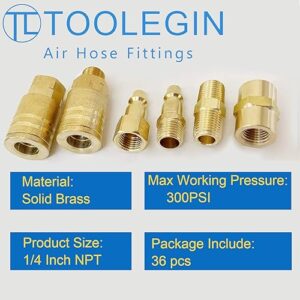 TL TOOLEGIN Air Hose Fittings 1/4" Air Coupler & Plug Kit,36 Pieces Quick Connect Air Compressor Accessories W/Storage Case 300 Psi