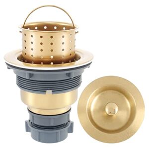lqs kitchen sink drain assembly, kitchen sink strainer and stopper with deep removable waste basket, stainless steel sink basket strainer with drain assembly for 3-1/2-inch sink opening size, gold