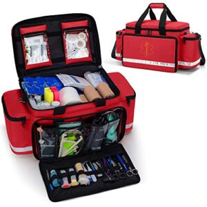 trunab emergency responder trauma bag empty, professional first aid kits storage medical bag with inner dividers and anti-scratch bottom, ideal for emt, ems, paramedics, red, bag only