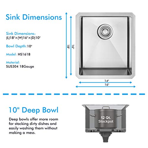 VADANIA 16-Inch Bar Prep Sink, 16"x18"x10", Single Bowl, Undermount, 18 Gauge T304 Stainless Steel, Satin Finish, with Strainer & Bottom Grid, cUPC listed