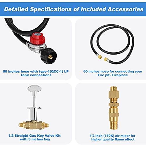 Skyflame LP Burner Connection Kit, Propane Fire Pit Replacement Parts with 1/2" Control Valve Key Set, 0~30PSI Adjustable Gas Pressure Regulator Hose, 60" Connect Hose, 150K Brass Air-Mixer