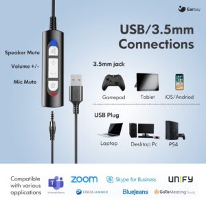 Earbay Upgraded USB 3.5mm 2 in 1 Corded Stereo Headset with Crystal Microphone Noise Cancelling, Mute Button for Home,Office,Binaural Headphones for Call Center,Computer,IPad,Zoom,Skype,Webinar