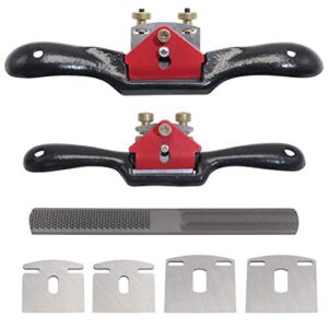 kootans 2pcs 9" 10" adjustable spokeshave, with replacement blades and 4-way rasp file, manual planer with flat base, perfect for planing trimming, wood working deburring tools