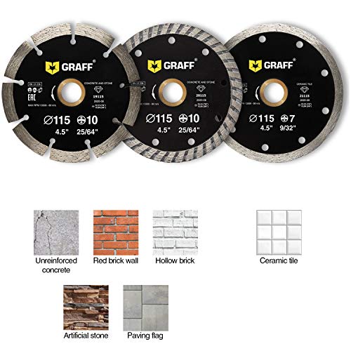 (3 Pack, 4 1/2 inches) GRAFF Diamond Blade for Angle Grinder - Diamond Cutting Wheel for Dry and Wet Cutting Stone, Marble, Granite, Brick, Masonry, Paving Flag, Concrete, Ceramic & Kerb
