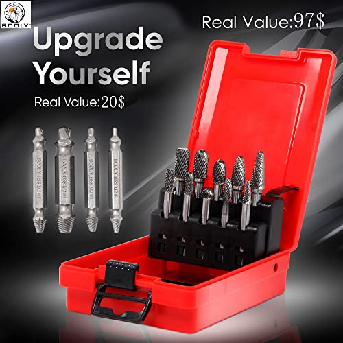 Premium–Grade Die Grinder Bits Carbide Burr Set ¼" Shank 10PC Double Cut Tungsten Rotary Rasp File for Metal Grinding Drill Bits for Makita Dewalt Milwaukee Die Grinder + Gift 4PC Screw Remover Kit