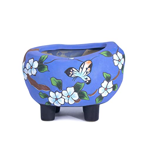 Dahlia Hand Painted Flower Butterfly Ceramic Succulent Planter/Plant Pot/Flower Pot/Bonsai Pot, A