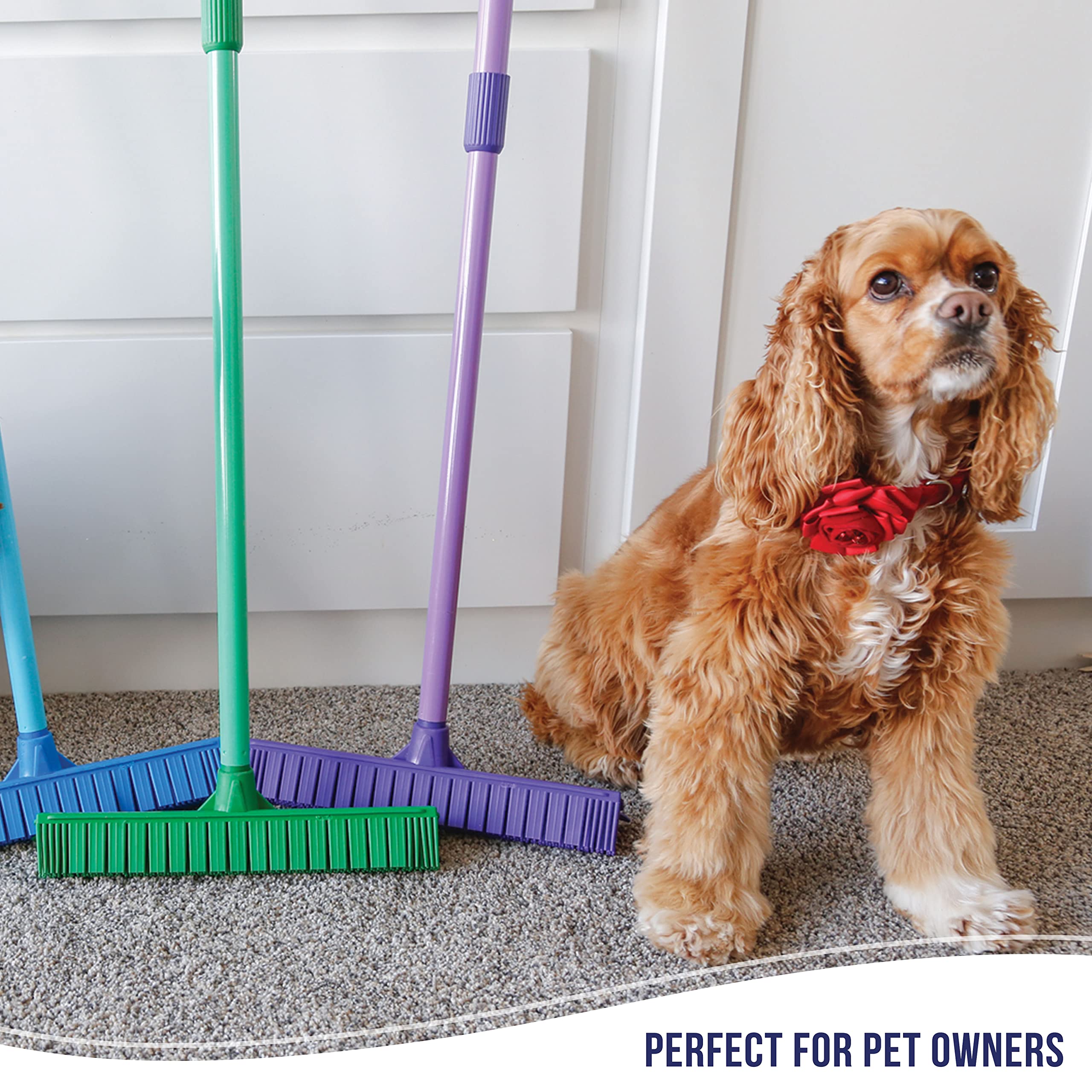 Don Aslett's Rubber Broom (12") and Hand Brush (10") Set | 59-inch Steel Pole | Multipurpose Synthetic Rubber Bristles Cleans Pet Cat or Dog Hair, Liquid Spills on Concrete & Hardwood Surface (Purple)
