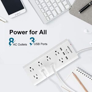 WANDOFO 2 Prong 8 Outlet Power Strip, 6 FT Extension Cord with 3 USB Ports, 1625W 1050J Surge Protector, 2 Prong to 3 Prong Multi Plug Outlet Adapter Converter, Polarized Plug, White