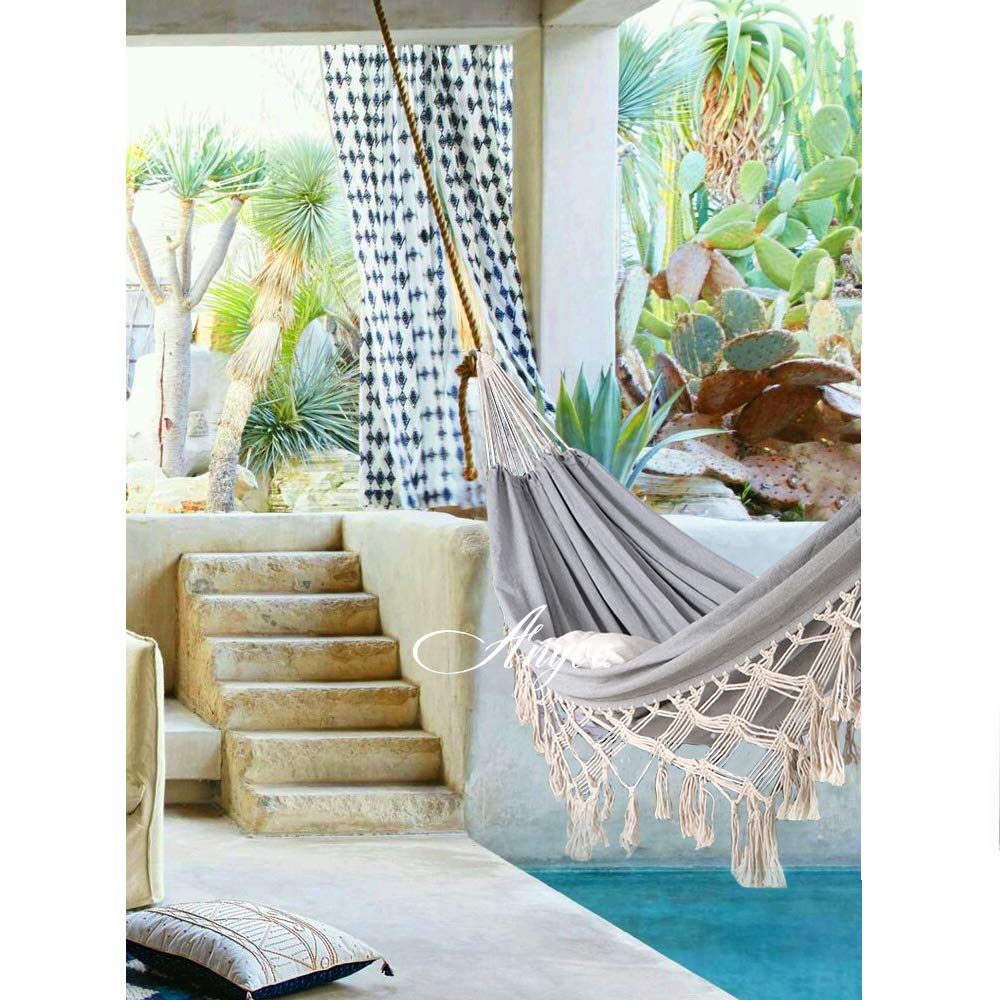 Anyoo Hammock Garden Cotton Hammock Comfortable Fabric Elegant Deluxe Tassels Durable Swing Hammock Up to 450lbs Portable Hammock with Travel Bag,Perfect for Porch Patio Yard Bedroom Outdoor/Indoor