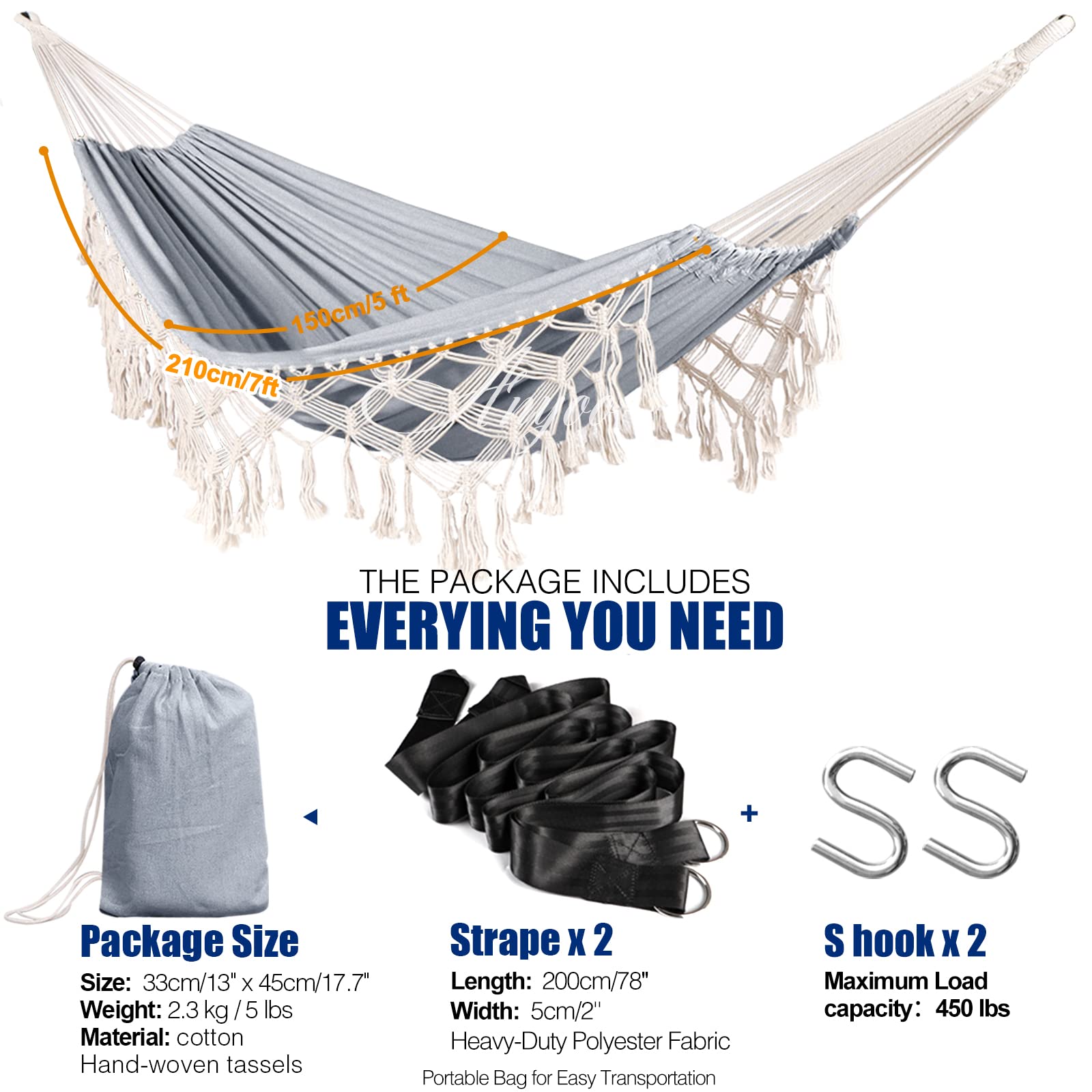 Anyoo Hammock Garden Cotton Hammock Comfortable Fabric Elegant Deluxe Tassels Durable Swing Hammock Up to 450lbs Portable Hammock with Travel Bag,Perfect for Porch Patio Yard Bedroom Outdoor/Indoor