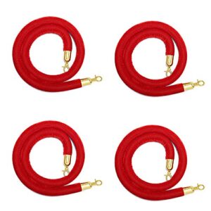 Red Velvet Stanchion Rope Barrier Golden Hook- Set of 4 PCs for Red Carpet Filmroom Wedding (5 Feet Long) Bulk