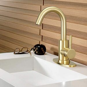 Hoimpro Modern Single Handle Wet Bar Sink Faucet with 6 Inch Cover Plate, Single Hole Bathroom Lavatory Faucet,Rv Small Bathroom Sink Faucet,Bar Vanity Faucet,Brushed Gold