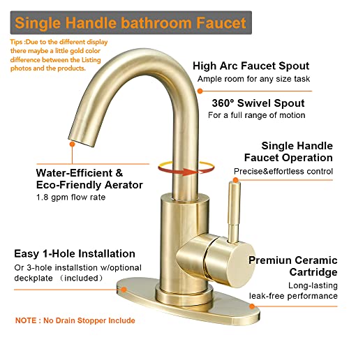 Hoimpro Modern Single Handle Wet Bar Sink Faucet with 6 Inch Cover Plate, Single Hole Bathroom Lavatory Faucet,Rv Small Bathroom Sink Faucet,Bar Vanity Faucet,Brushed Gold