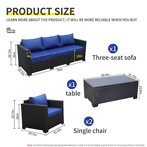 4 Pieces Patio PE Wicker Furniture Set Resin Rattan Outdoor Conversation Sofa Sets Sectional Couch with Table and Royal Blue Cushions