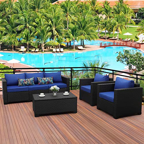 4 Pieces Patio PE Wicker Furniture Set Resin Rattan Outdoor Conversation Sofa Sets Sectional Couch with Table and Royal Blue Cushions