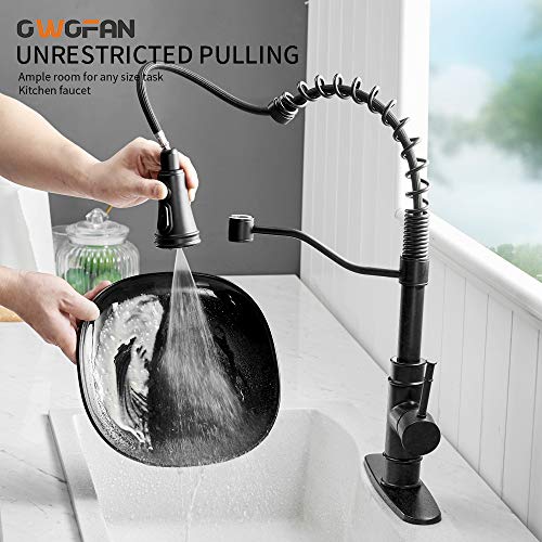 OWOFAN Kitchen Faucets with Pull Down Sprayer Solid Brass Matte Black Industrial Single Handle One Hole Or 3 Hole Faucet for Farmhouse Camper Laundry Utility RV Wet Bar Sinks