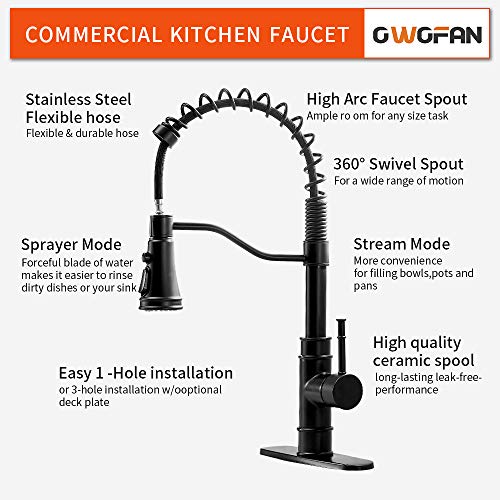 OWOFAN Kitchen Faucets with Pull Down Sprayer Solid Brass Matte Black Industrial Single Handle One Hole Or 3 Hole Faucet for Farmhouse Camper Laundry Utility RV Wet Bar Sinks