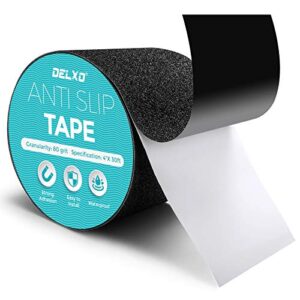 delxo 4 inch x 30 foot anti-slip tape outdoor stair treads, non slip traction stair grip tape, best grip, friction, abrasive adhesive for stairs indoor, black grip tape for steps outdoor