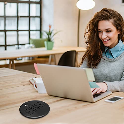 Desk Power Grommet, Haylink Desk Hole Grommet with USB-C, 3.15 Inch(80mm) 2 Plugs Recessed Power Outlet Connect 6.56ft Extension Cord, Black