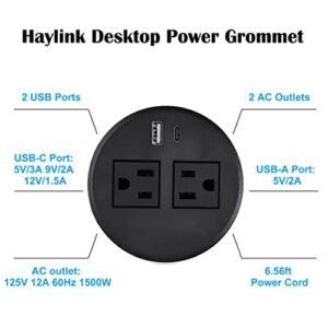 Desk Power Grommet, Haylink Desk Hole Grommet with USB-C, 3.15 Inch(80mm) 2 Plugs Recessed Power Outlet Connect 6.56ft Extension Cord, Black