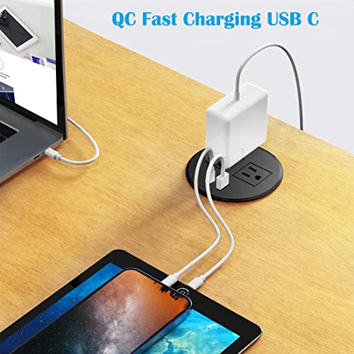 Desk Power Grommet, Haylink Desk Hole Grommet with USB-C, 3.15 Inch(80mm) 2 Plugs Recessed Power Outlet Connect 6.56ft Extension Cord, Black