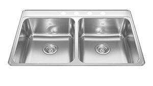 kindred cdla3322-8-4cbn creemore 33-in lr x 22-in fb x 8-in dp drop in double bowl 4-hole stainless steel kitchen sink, no size