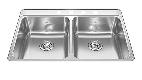 Kindred CDLA3322-8-4CBN Creemore 33-in LR x 22-in FB x 8-in DP Drop In Double Bowl 4-Hole Stainless Steel Kitchen Sink, No Size