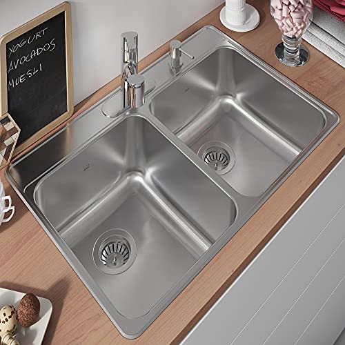 Kindred CDLA3322-8-4CBN Creemore 33-in LR x 22-in FB x 8-in DP Drop In Double Bowl 4-Hole Stainless Steel Kitchen Sink, No Size