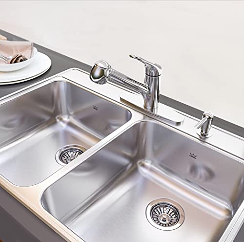 Kindred CDLA3322-8-4CBN Creemore 33-in LR x 22-in FB x 8-in DP Drop In Double Bowl 4-Hole Stainless Steel Kitchen Sink, No Size