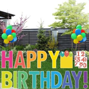 happy birthday yard sign with stakes, personalized age signs with 20 number stickers, bright rainbow color, 15" big size